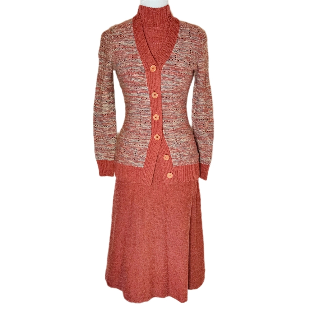 Roncelli Vintage Knit Dress Cardigan Set Women's 7/8 Wool Blend 70s Academia